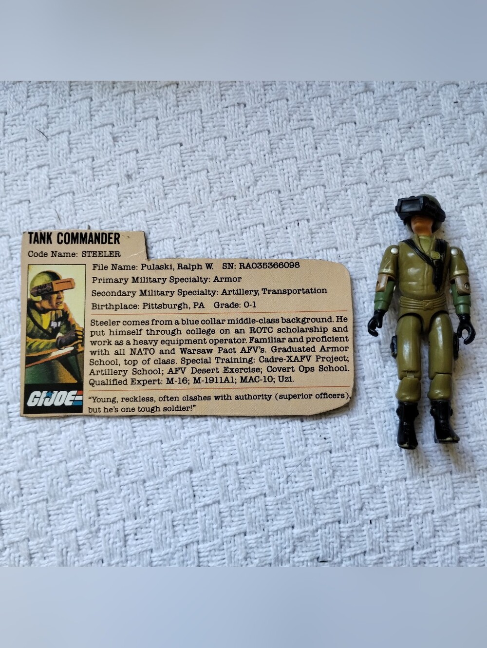 Vintage GI Joe Tank Commander Steeler Action Figure File Card And MOBAT Tank